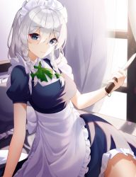 Rule 34 | 1girl, absurdres, apron, bad id, bad pixiv id, bed, black dress, blue eyes, bow, braid, breasts, closed mouth, curtains, dress, green bow, green neckwear, hair between eyes, hair bow, highres, holding, holding knife, huge filesize, indoors, izayoi sakuya, knife, large breasts, looking at viewer, maid, maid headdress, medium hair, meoyo, on bed, pillow, puffy short sleeves, puffy sleeves, short sleeves, side braids, silver hair, sitting, smile, solo, touhou, twin braids, waist apron, white apron, white headdress