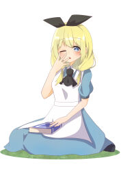 Rule 34 | 1girl, absurdres, alice (alice in wonderland), alice in wonderland, apron, ascot, black ascot, black ribbon, blonde hair, blue dress, blue eyes, blush, book, dress, highres, kasumi bloom, looking at viewer, medium hair, one eye closed, ribbon, simple background, sitting, solo, white apron, white background