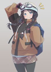 Rule 34 | 1girl, absurdres, adjusting goggles, backpack, bag, black gloves, black hair, blue bag, blue eyes, braid, brown coat, brown skirt, closed mouth, coat, cowboy shot, drawstring, eitopondo, gloves, goggles, goggles on headwear, green coat, grey pantyhose, hat, highres, holding strap, idolmaster, idolmaster shiny colors, light blush, long hair, long sleeves, low twin braids, mitsumine yuika, multicolored clothes, multicolored coat, multicolored gloves, pantyhose, pink gloves, plaid, plaid skirt, pom pom (clothes), skirt, smile, solo, twin braids, two-tone gloves