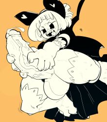 Rule 34 | 1futa, animal hands, blunt bangs, cape, futanari, futanari masturbation, gloves, highres, ickleseed, large penis, large testicles, masturbation, monochrome, nanatsu no taizai, open mouth, paw gloves, penis, peronia (nanatsu no taizai), precum, sharp teeth, short hair, solo, teeth, testicles, thick thighs, thighhighs, thighs, tongue, tongue out, uncensored, yellow background