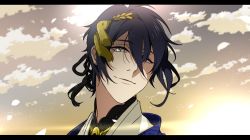 Rule 34 | 10s, 1672, 1boy, anime coloring, bad id, bad pixiv id, black hair, blue eyes, cloud, cloudy sky, letterboxed, male focus, mikazuki munechika, petals, sky, smile, solo, touken ranbu, upper body