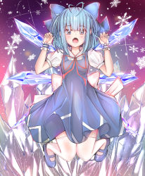 Rule 34 | 1girl, :o, absurdres, adapted costume, antenna hair, back bow, blue bow, blue dress, blue eyes, blue footwear, blue hair, blue nails, blunt bangs, blush, bow, breasts, cirno, claw pose, crystal, diffraction spikes, dress, floating, full body, gao, glint, hair bow, hands up, highres, huge filesize, ice, ice wings, knees together feet apart, looking at viewer, mary janes, medium hair, nail polish, open mouth, pinafore dress, puffy short sleeves, puffy sleeves, purple background, red neckwear, red ribbon, ribbon, sera4, shoes, short sleeves, simple background, sleeveless dress, small breasts, snowflakes, solo, thighhighs, touhou, white bow, white thighhighs, wings, wrist cuffs