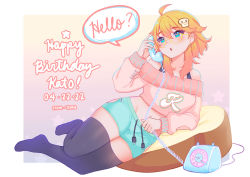 Rule 34 | 1girl, ahoge, bare shoulders, black thighhighs, blonde hair, blue eyes, blue shorts, blush, commentary, corded phone, dated, earrings, english commentary, glasses, gradient hair, happy birthday, highres, hoop earrings, jewelry, long sleeves, multicolored hair, off-shoulder sweater, off shoulder, open mouth, original, parted lips, phone, pink sweater, shorts, signature, sitting, solo, sweater, talking on phone, temachii, thighhighs, yellow-framed eyewear, yokozuwari