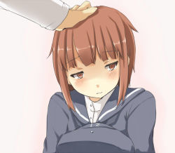 Rule 34 | 10s, 1boy, 1girl, admiral (kancolle), ayyh, bad id, bad pixiv id, blush, brown eyes, brown hair, embarrassed, hand on head, hat, unworn hat, unworn headwear, kantai collection, looking away, out of frame, pink background, sailor hat, short hair, simple background, sketch, solo focus, tears, uniform, z3 max schultz (kancolle)