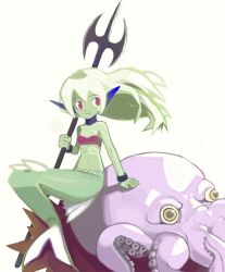 Rule 34 | 1girl, bandeau, choker, colored skin, cuffs, fins, floating hair, green hair, green skin, head fins, long hair, looking at viewer, mermaid, monster girl, octopus, pointy ears, polearm, red eyes, simple background, sitting, smile, trident, weapon, white background, white hair, yellow eyes