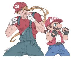 Rule 34 | 2boys, baseball cap, blonde hair, blue eyes, blue overalls, cosplay, costume switch, facial hair, fatal fury, fingerless gloves, gloves, hat, jacket, long hair, male focus, mario, mario (cosplay), mario (series), multiple boys, muscular, mustache, nintendo, overalls, ponytail, short hair, simple background, smile, super mario bros. 1, super smash bros., terry bogard, terry bogard (cosplay), the king of fighters, vest, vinhnyu, white background