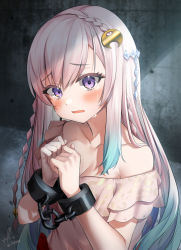 Rule 34 | 1girl, airani iofifteen, airani iofifteen (indonesian casual), blue hair, blush, bound, bound wrists, braid, breasts, chain, collarbone, commentary request, crying, crying with eyes open, cuffs, gradient hair, hair between eyes, hair ornament, hands up, highres, hololive, hololive indonesia, indoors, kito koruta, long hair, looking at viewer, multicolored hair, off-shoulder shirt, off shoulder, open mouth, pink hair, purple eyes, shirt, sidelocks, signature, solo, star (symbol), star in eye, symbol in eye, tears, upper body, very long hair, virtual youtuber, white shirt