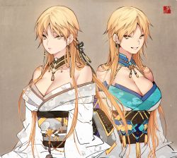 Rule 34 | 1girl, bare shoulders, blonde hair, breasts, cleavage, closed mouth, collar, collarbone, commentary request, ear piercing, earrings, genderswap, genderswap (mtf), grey background, hair between eyes, izumi kouhei, japanese clothes, jewelry, kimono, large breasts, long hair, long sleeves, looking at viewer, open mouth, pepper fever, piercing, signature, simple background, smile, upper body, world trigger, yellow eyes