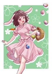 Rule 34 | 1girl, :d, animal ears, brown hair, carrot, dress, easter egg, egg, highres, inaba tewi, jewelry, kyabekko, necklace, open mouth, rabbit ears, red eyes, short hair, short sleeves, simple background, smile, solo, touhou, translation request