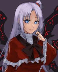 Rule 34 | 1girl, absurdres, blue eyes, bow, bright pupils, capelet, ccc9494, dress, frills, grey background, grey hair, hair bobbles, hair ornament, hand up, highres, long hair, one side up, red capelet, red dress, shinki (touhou), simple background, smile, solo, touhou, white pupils, wings