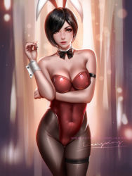 Rule 34 | 1girl, ada wong, animal ears, arm strap, black hair, black pantyhose, bob cut, bow, bowtie, breasts, brown eyes, capcom, cleavage, covered navel, cowboy shot, crossed legs, detached collar, fake animal ears, highleg, highleg leotard, leotard, liang xing, lips, looking at viewer, medium breasts, pantyhose, parted lips, playboy bunny, rabbit ears, red leotard, resident evil, short hair, signature, solo, strapless, strapless leotard, swept bangs, thigh strap, watermark, watson cross, web address, wrist cuffs