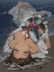 Rule 34 | 1girl, absurdres, bare shoulders, beach, bouquet, breasts, bridal veil, bride, brown hair, clam, dress, fish, fishing net, flower, gloves, grey eyes, head back, highres, large breasts, looking back, lying, ocean, octopus, off-shoulder dress, off shoulder, on back, original, shrimp, solo, veil, water, white dress, white gloves, zzom b