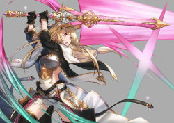 Rule 34 | 1girl, animal ears, armor, artist request, blonde hair, breastplate, cape, energy sword, erune, gloves, granblue fantasy, grey background, highres, long hair, navel, open mouth, pink eyes, solo, sword, weapon, yuisis (granblue fantasy)