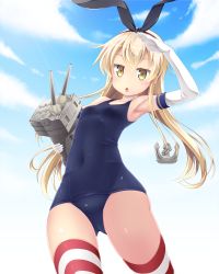 Rule 34 | 1girl, :o, anchor hair ornament, armpits, black hairband, blonde hair, blue sky, carrying, cloud, covered navel, day, elbow gloves, gloves, hair ornament, hairband, highres, horizontal-striped legwear, iganseijin, kantai collection, long hair, looking at viewer, one-piece swimsuit, open mouth, rensouhou-chan, salute, shimakaze (kancolle), sky, striped clothes, striped thighhighs, swimsuit, thighhighs, white gloves, yellow eyes
