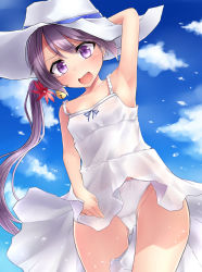 Rule 34 | 10s, 1girl, :d, akebono (kancolle), arm up, armpits, asymmetrical hair, bare shoulders, bell, blue sky, blush, clothes between thighs, cloud, contrapposto, day, dress, flower, groin, hair bell, hair flower, hair ornament, hat, highres, holding, holding clothes, holding hat, jingle bell, kantai collection, looking at viewer, neit ni sei, open mouth, panties, pantyshot, purple eyes, purple hair, red flower, side ponytail, sky, sleeveless, sleeveless dress, smile, solo, standing, sun hat, sundress, underwear, white dress, white hat, white panties, wind, wind lift