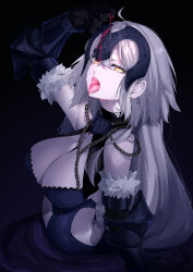 1girl absurdres armor armored_dress bare_shoulders black_dress blood breasts chain cleavage cleavage_cutout clothing_cutout collar dress fate/grand_order fate_(series) gauntlets grey_hair headpiece highres jeanne_d&#039;arc_alter_(avenger)_(fate) jeanne_d&#039;arc_alter_(avenger)_(third_ascension)_(fate) jeanne_d&#039;arc_alter_(fate) large_breasts long_hair looking_at_viewer metal_collar open_mouth pale_skin ri_o_ne_su solo sweat tongue tongue_out very_long_hair yellow_eyes