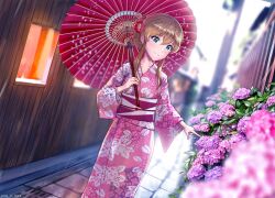 Rule 34 | 1girl, absurdres, alternate hairstyle, blue eyes, blurry, blush, breasts, brown hair, building, bush, closed mouth, cloud, cloudy sky, day, depth of field, dot nose, floral print kimono, flower, folded ponytail, hair flower, hair ornament, highres, holding, holding umbrella, hydrangea, idolmaster, idolmaster million live!, idolmaster million live! theater days, japanese clothes, kimono, kousaka umi, long hair, long sleeves, looking at another, medium breasts, obi, obijime, oil-paper umbrella, outdoors, pink flower, pink kimono, purple flower, purple sash, rain, red flower, sash, sky, smile, solo, twitter username, u8 sc38x4, umbrella, wet pavement, wide sleeves