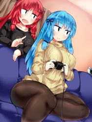 Rule 34 | 2girls, alternate costume, ass, black hair, blue hair, braid, breasts, casual, commentary request, controller, couch, curtains, game controller, hisui (stapspats), indoors, kotonoha akane, kotonoha aoi, large breasts, leaning on object, legs, long hair, multiple girls, on couch, playing games, pointing, red hair, side braid, sitting, sweater, thighhighs, twin braids, voiceroid