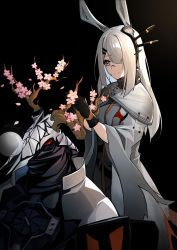 Rule 34 | 1boy, 1girl, absurdres, animal ears, arknights, black background, black gloves, cherry blossoms, commentary request, cowboy shot, dress, father and daughter, frostnova (arknights), gloves, grey dress, grey eyes, hair ornament, hair over one eye, hairclip, highres, horns, iku! iku!!, long hair, long sleeves, nose bubble, patriot (arknights), petals, rabbit ears, silver hair, simple background, smile, upper body