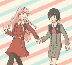 Rule 34 | 10s, 1boy, 1girl, 3chi clbss2d, black hair, black pantyhose, blue eyes, couple, darling in the franxx, green eyes, hair ornament, hairband, hiro (darling in the franxx), holding hands, horns, long hair, looking back, military, military uniform, necktie, oni horns, orange neckwear, pantyhose, pink hair, red horns, red neckwear, short hair, uniform, white hairband, zero two (darling in the franxx)