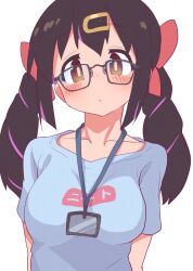 Rule 34 | 1girl, bespectacled, black-framed eyewear, black hair, blue shirt, blush, bow, breasts, brown eyes, collarbone, commentary, drill hair, glasses, hair bow, hair ornament, hairclip, hatafuta, lanyard, looking at viewer, medium breasts, multicolored hair, onii-chan wa oshimai!, oyama mihari, purple hair, red bow, shirt, short sleeves, simple background, solo, t-shirt, twintails, two-tone hair, upper body, white background