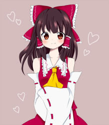 Rule 34 | 1girl, ascot, bad id, bad pixiv id, bare shoulders, bow, brown eyes, brown hair, collar, crossed arms, detached sleeves, frilled bow, frilled collar, frilled shirt collar, frills, hair bow, hair tubes, hakurei reimu, heart, japanese clothes, long hair, looking at viewer, nontraditional miko, red bow, smile, solo, touhou, yuzuno (yz t)