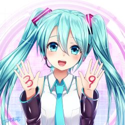 Rule 34 | 1girl, 39, :d, abstract background, aqua hair, aqua necktie, asymmetrical bangs, bare shoulders, blue eyes, blush, collared shirt, detached sleeves, glowing, hair ornament, hands up, hatsune miku, head tilt, headset, highres, long hair, long sleeves, looking at viewer, necktie, omoomomo, open mouth, palms, round teeth, see-through, shiny clothes, shirt, signature, smile, solo, tareme, teeth, thighhighs, twintails, upper body, very long hair, vocaloid, white shirt, wing collar, zettai ryouiki