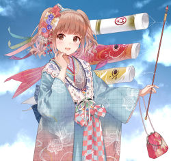 Rule 34 | 1girl, bag, blush, brown eyes, brown hair, cowboy shot, day, fukahire (ruinon), japanese clothes, jewelry, kimono, koinobori, looking at viewer, miracle nikki, necklace, parted lips, short hair, short twintails, smile, solo, standing, twintails, two side up, unmoving pattern, windsock