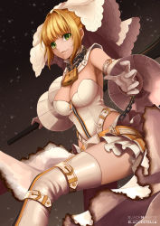 Rule 34 | 10s, 1girl, absurdres, blackestella, blonde hair, breasts, bridal veil, chain, cleavage, closed mouth, cowboy shot, elbow gloves, fate/extra, fate/extra ccc, fate (series), foreshortening, full-length zipper, gloves, green eyes, hair intakes, highleg, highleg leotard, highres, large breasts, leotard, lock, looking at viewer, nero claudius (bride) (fate), nero claudius (bride) (second ascension) (fate), nero claudius (fate), nero claudius (fate) (all), padlock, short hair, showgirl skirt, sidelocks, smile, solo, strapless, strapless leotard, thighhighs, veil, white gloves, white leotard, white thighhighs, zipper, zipper pull tab