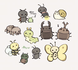Rule 34 | :&lt;, :3, animal focus, ant, ayu (mog), bee, black eyes, bug, caterpillar, closed mouth, firefly, full body, grey background, hercules beetle, insect, ladybug, larva, moth, musical note, no humans, open mouth, original, simple background, smile, snail, solid circle eyes, spider, stag beetle, translation request