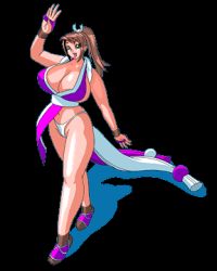 Rule 34 | 1girl, bracelet, breasts, brown hair, cleavage, fatal fury, fingerless gloves, gloves, green eyes, hairband, high ponytail, huge breasts, jewelry, jyubei, the king of fighters, long hair, lowres, ponytail, shadow, shiranui mai, snk, standing, the king of fighters, thong, waving