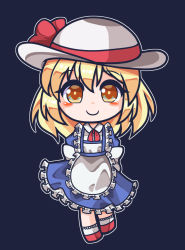 Rule 34 | apron, artist request, blonde hair, blue background, blue dress, blush, bow, dress, frilled apron, frilled skirt, frills, hat, hat bow, highres, kana anaberal, puffy short sleeves, puffy sleeves, red footwear, red ribbon, ribbon, short hair, short sleeves, simple background, skirt, smile, socks, touhou, touhou (pc-98), white headwear, yellow eyes