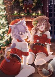 Rule 34 | 2girls, :3, :d, absurdres, ahoge, animal ear fluff, animal ears, bag, bare shoulders, barefoot, bell, belt, between legs, black belt, blush, bone hair ornament, bow, brown hair, candle, cat ears, cat tail, choker, christmas, christmas tree, claw pose, collarbone, dog ears, dog tail, dress, fang, fingernails, fire, fireplace, from behind, gift, green bow, hair bell, hair between eyes, hair bow, hair ornament, hair over shoulder, hand between legs, hat, highres, hololive, indoors, inugami korone, long hair, looking at viewer, looking back, multiple girls, neck bell, nekomata okayu, night, nyoon, off-shoulder dress, off shoulder, on floor, open mouth, purple eyes, purple hair, red choker, red dress, red eyes, red headwear, santa costume, santa dress, santa hat, scenery, short dress, short sleeves, sitting, smile, stuffed animal, stuffed toy, tail, tail raised, teddy bear, virtual youtuber, wariza, window, wooden floor