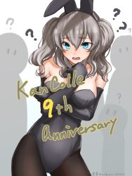 Rule 34 | 1girl, ?, animal ears, anniversary, between breasts, black gloves, black leotard, blue eyes, breasts, cowboy shot, crossed arms, detached collar, elbow gloves, embarrassed, fake animal ears, gloves, highres, kantai collection, kashima (kancolle), large breasts, leotard, long hair, pantyhose, playboy bunny, rabbit ears, silver hair, strapless, strapless leotard, twintails, umibudou, wavy hair
