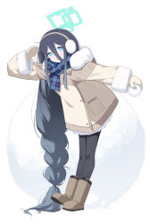 1girl absurdly_long_hair alternate_costume alternate_hairstyle aqua_eyes aqua_halo aris_(blue_archive) black_hair black_pantyhose blue_archive blue_scarf boots brown_boots brown_coat coat commentary_request earmuffs full_body hair_between_eyes halo highres holding holding_snowball leaning_forward long_bangs long_hair looking_at_viewer low-braided_long_hair low-tied_long_hair open_mouth pantyhose plaid_clothes plaid_scarf salute scarf snowball solo standing tachi_yuzuki very_long_hair