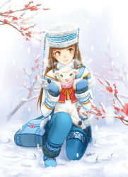 Rule 34 | 1girl, bad id, bad pixiv id, bag, beads, blush, breath, brown eyes, brown hair, coat, commentary, hat, kneeling, long hair, looking at viewer, mittens, new year, original, rainsp, sheep, signature, smile, snow, solo, tree, winter, winter clothes, winter coat