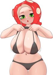 Rule 34 | 1girl, :o, absurdres, bikini, bikini under clothes, black bikini, blush, breasts, cleavage, clothes lift, female focus, green eyes, highres, huge breasts, lifted by self, navel, nintendo, octoling, octoling girl, octoling player character, open mouth, pero (pero7762), red hair, shirt lift, simple background, solo, splatoon (series), standing, stomach, suction cups, swimsuit, tentacle hair, white background