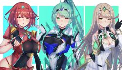 Rule 34 | 3girls, ;o, armor, blonde hair, blowing kiss, breasts, cleavage, elbow gloves, female focus, fingerless gloves, gloves, green eyes, green hair, hair ornament, hairband, highres, hip vent, large breasts, latte, long hair, matching hair/eyes, multiple girls, multiple persona, mythra (xenoblade), one eye closed, pauldrons, pneuma (xenoblade), ponytail, pyra (xenoblade), red eyes, red hair, short hair, shoulder armor, simple background, wink, xenoblade chronicles (series), xenoblade chronicles 2, yellow eyes