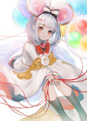 Rule 34 | 1girl, absurdres, animal ears, balloon, bow, brooch, granblue fantasy, grey hair, hair bow, heart, heart brooch, highres, jewelry, looking at viewer, mouse ears, multicolored bow, parayang, red eyes, sitting, vikala (granblue fantasy)