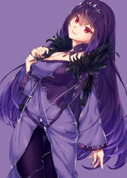 Rule 34 | 1girl, aoiro 69, bare shoulders, breasts, cleavage, detached collar, dress, fate/grand order, fate (series), feather trim, hair between eyes, highres, jewelry, large breasts, long hair, long sleeves, looking at viewer, pantyhose, pendant, purple dress, purple hair, purple pantyhose, red eyes, scathach (fate), scathach skadi (fate), smile, solo, thighs, tiara