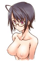 Rule 34 | 1girl, breasts, deku (dekunosu), glasses, nipples, nude, short hair, simple background, solo, upper body, white background