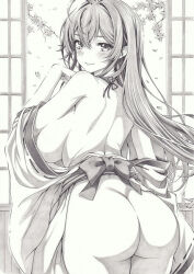 1girl ahoge alternate_breast_size ass ass_focus back blush breasts closed_mouth cowboy_shot from_behind graphite_(medium) greyscale hair_ribbon japanese_clothes kimono large_breasts long_hair looking_at_viewer looking_back mikuro monochrome open_clothes open_kimono ribbon solo traditional_media yahari_ore_no_seishun_lovecome_wa_machigatteiru. yukinoshita_yukino