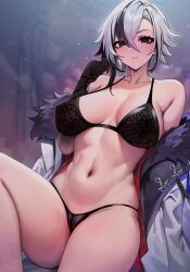Rule 34 | 1girl, absurdres, arlecchino (genshin impact), black bra, black hair, black panties, blush, bra, breasts, cleavage, coat, commentary, cowboy shot, english commentary, fur-trimmed coat, fur trim, genshin impact, grey eyes, grey hair, hair between eyes, highres, large breasts, looking at viewer, multicolored hair, navel, panties, red pupils, short hair, solo, streaked hair, symbol-shaped pupils, thigh gap, thighhighs, thighs, underwear, unstableboiler, white coat, x-shaped pupils