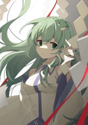 Rule 34 | 1girl, absurdres, bing zizi, closed mouth, collared shirt, commentary, detached sleeves, expressionless, frog hair ornament, green eyes, green hair, hair ornament, highres, holding, kochiya sanae, long hair, looking at viewer, red ribbon, ribbon, shide, shirt, sleeveless, sleeveless shirt, snake hair ornament, solo, touhou, upper body, white background, white shirt, white sleeves, wide sleeves