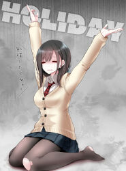 Rule 34 | 1girl, arms up, blue skirt, blush, breasts, brown hair, brown pantyhose, closed eyes, collared shirt, english text, fine fabric emphasis, grey background, jk-chan (oouso), large breasts, medium hair, miniskirt, necktie, no shoes, on ground, oouso, open mouth, original, pantyhose, parted bangs, patterned background, pleated skirt, red necktie, school uniform, shirt, sidelocks, sitting, skirt, solo, thighs, torn clothes, torn pantyhose, translation request, wariza