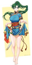 Rule 34 | 1girl, artist name, bare legs, barefoot, belt, blush, breasts, commentary request, earrings, fingernails, fire emblem, fire emblem: the blazing blade, full body, green eyes, green hair, hair ornament, highres, holding, jewelry, legs, long hair, looking at viewer, lyn (fire emblem), medium breasts, miku1201 fe, nintendo, parted lips, pelvic curtain, ponytail, sheath, sheathed, shiny skin, short sleeves, signature, simple background, smile, sword, thighs, toes, weapon