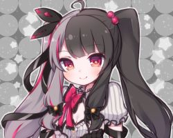 Rule 34 | 1girl, ahoge, black hair, breasts, cleavage, closed mouth, commentary request, dress, grey background, grey dress, grey hair, hair bobbles, hair ornament, highres, long hair, looking at viewer, multicolored hair, nijisanji, puffy short sleeves, puffy sleeves, red hair, rensei, short sleeves, small breasts, smile, solo, star (symbol), streaked hair, striped clothes, striped dress, twintails, two-tone hair, upper body, vertical-striped clothes, vertical-striped dress, very long hair, virtual youtuber, yorumi rena, yorumi rena (1st costume)