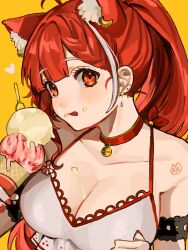Rule 34 | 1girl, animal ear fluff, animal ear piercing, animal ears, arm garter, arm strap, bare shoulders, bell, blush, braid, breasts, camisole, choker, cleavage, cream on breasts, ear piercing, earrings, extra, food, food on body, food on breasts, food on face, french braid, frilled camisole, frills, highres, holding, holding food, holding ice cream, holding ice cream cone, ice cream, ice cream cone, jewelry, kanakan1218, large breasts, long hair, looking at viewer, multicolored hair, neck bell, nijisanji, orange eyes, piercing, ponytail, ratna petit, red choker, red hair, red panda ears, red panda girl, sleeveless, spaghetti strap, streaked hair, swept bangs, virtual youtuber, white camisole