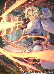Rule 34 | 1girl, armor, armored boots, blonde hair, blue eyes, boots, breastplate, brown gloves, capelet, catherine (fire emblem), cowboy shot, day, electricity, fire emblem, fire emblem: three houses, fire emblem cipher, forest, gloves, glowing, glowing weapon, grass, grin, hair ribbon, heroes relic (fire emblem), leather, leather gloves, lips, nature, nintendo, official art, outdoors, parted lips, ponytail, ribbon, short hair, smile, sword, teeth, thunderbrand (weapon), tvzyon, waist cape, watermark, weapon