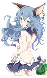 Rule 34 | 1girl, animal ears, back, bare back, blue hair, blush, breasts, closed mouth, cowboy shot, ferry (granblue fantasy), from behind, granblue fantasy, ixy, long hair, looking at viewer, looking back, sideboob, simple background, small breasts, solo, wavy hair, wavy mouth, white background, yellow eyes